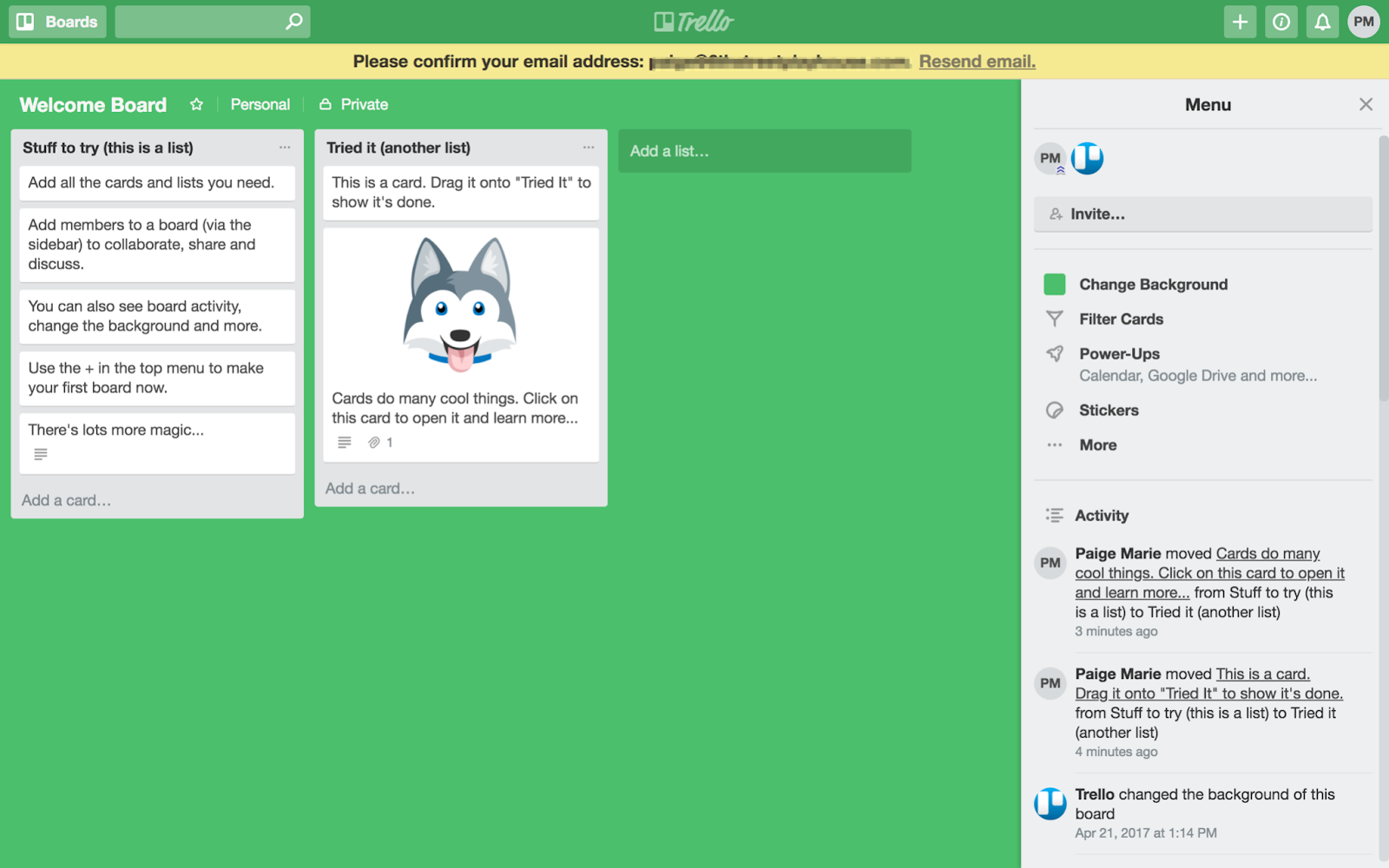 screenshot showing Trello's dashboard