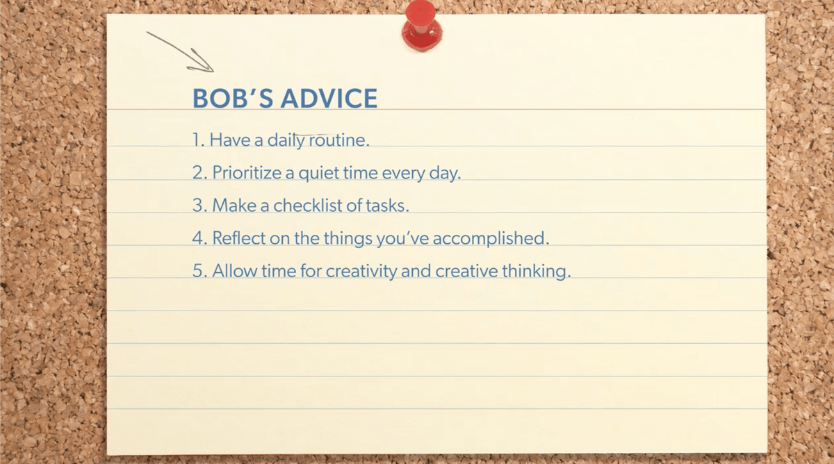 The advice card that comes up at the end of each lesson in the Bob Iger MasterClass