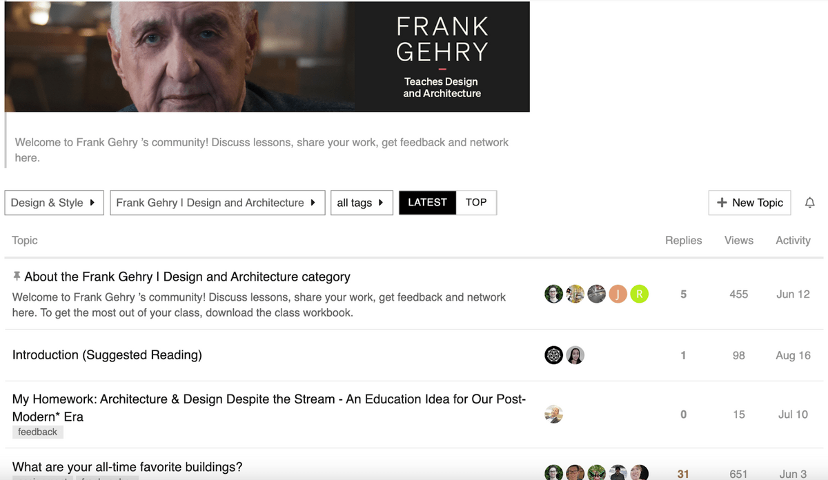 The hub forum for Frank Gehry's MasterClass