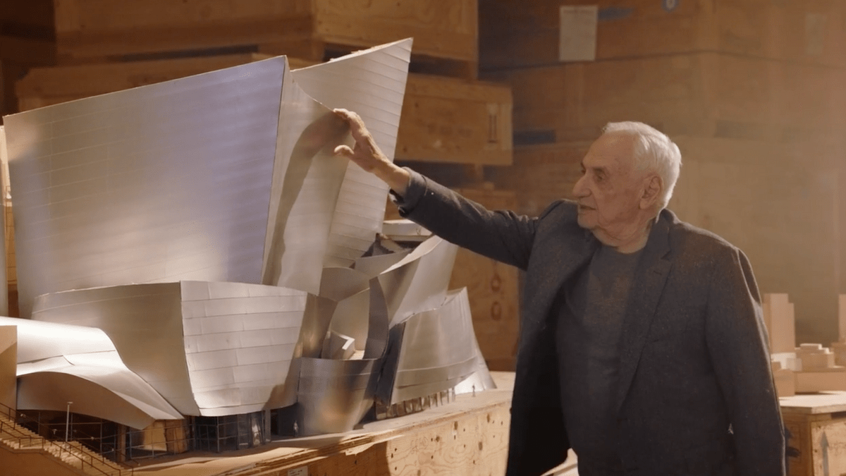 Frank Gehry shows a model of the Walt Disney Concert Hall