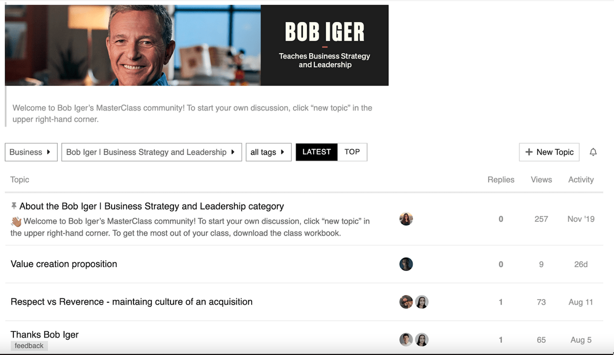 A screenshot from the MasterClass Hub for Bob Iger's class