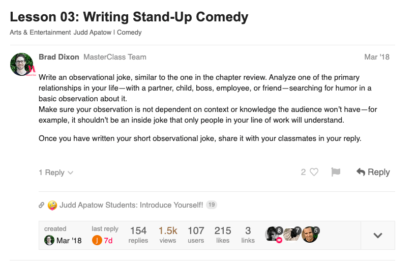 Judd Apatow MasterClass Hub assignment about writing stand-up comedy