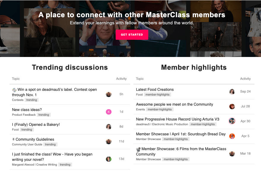 Image of the MasterClass Hub featuring trending discussions and member highlights