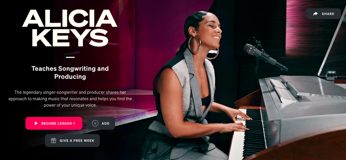 Image of the Alicia Keys Teaches Songwriting and Producing MasterClass page