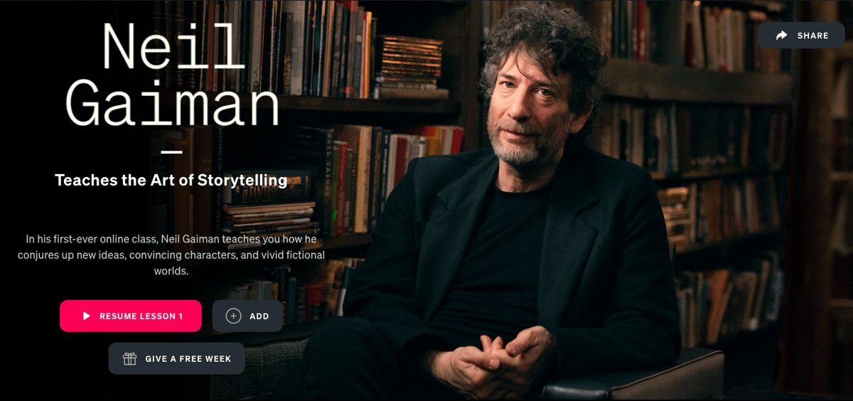 Image of the Neil Gaiman Teaches the Art of Storytelling MasterClass page