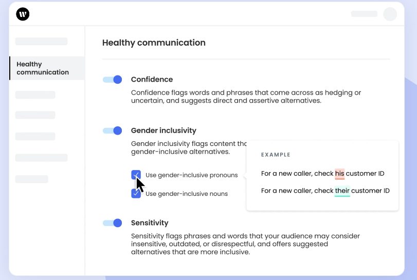 Writer.com style guide options in the Healthy Communication category