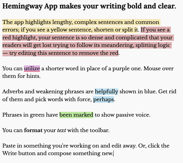 Example of Hemingway's text highlighting system