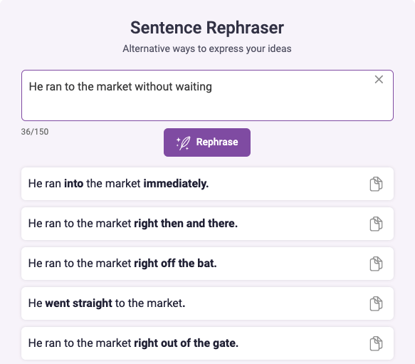 Example of Ginger's sentence rephraser tool