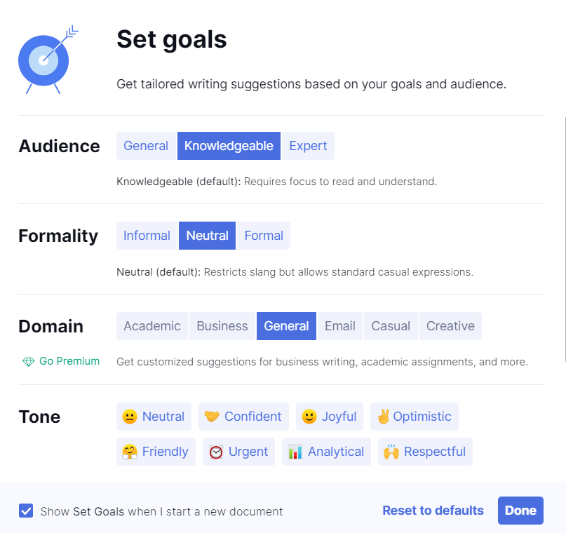 Grammarly goal feature. 