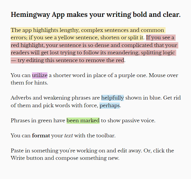 Example screenshot of checking grammar on Hemingway.