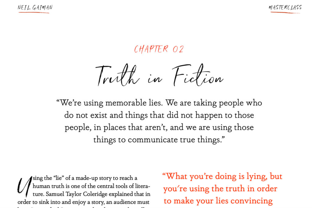 A screenshot from the second chapter of the workbook for Neil Gaiman's MasterClass on writing