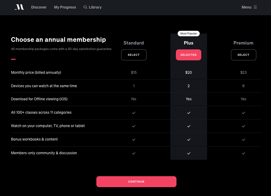 Image of the MasterClass pricing table