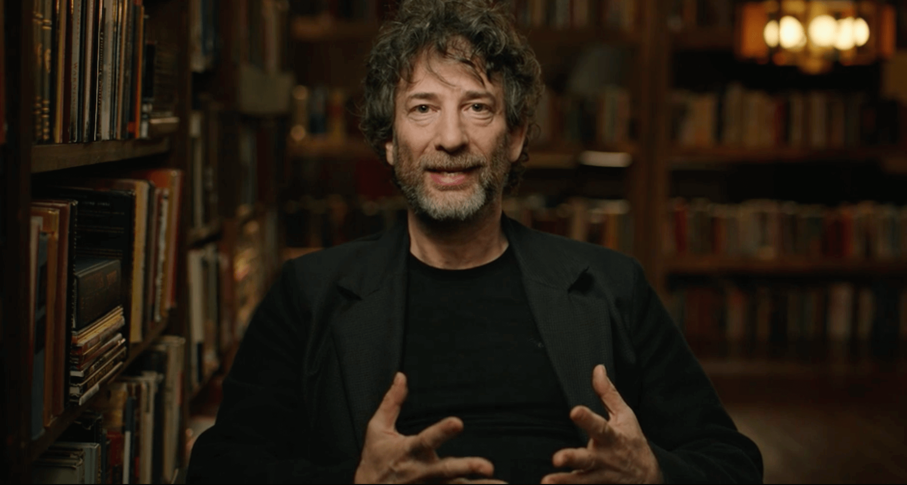 Screenshot of Neil Gaiman from a video clip