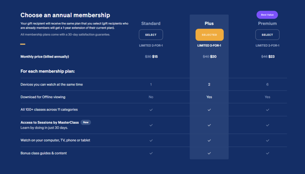 The pricing page for MasterClass