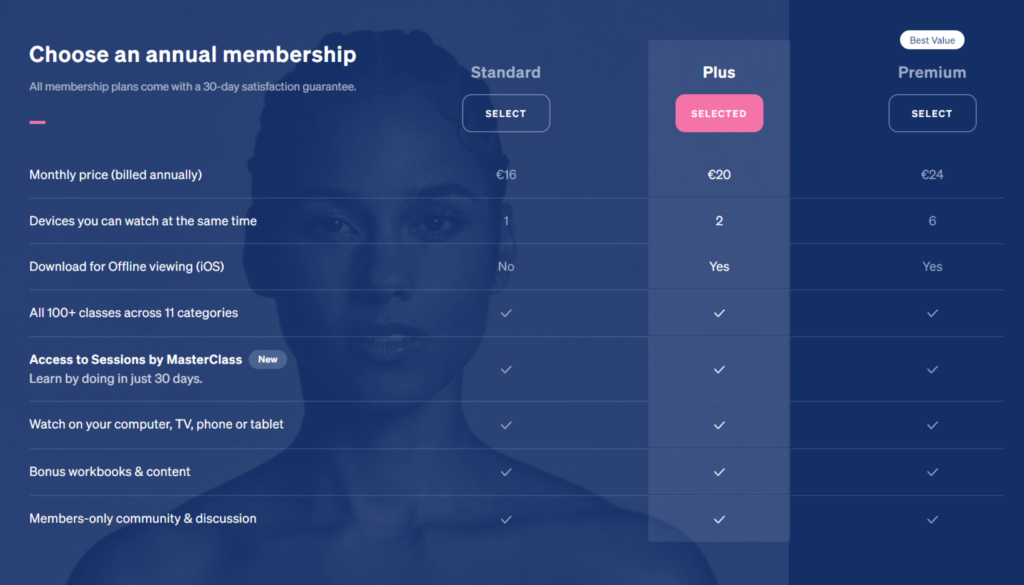 A pricing list for MasterClass Memberships
