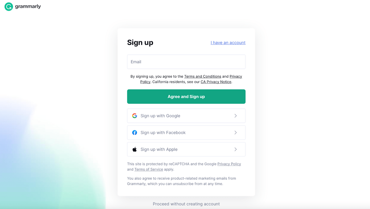 The sign up page for Grammarly