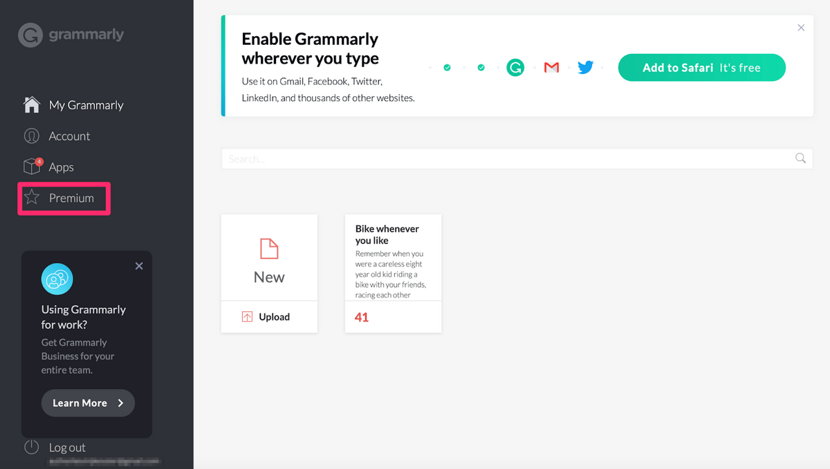 The dashboard for Grammarly with the 