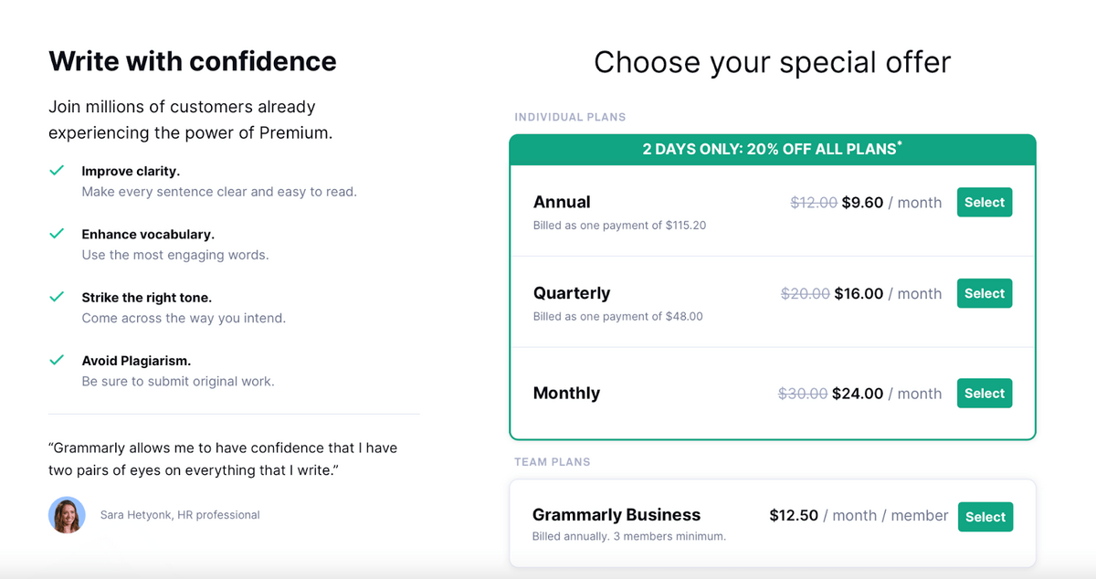 A list of discounted Grammarly prices.