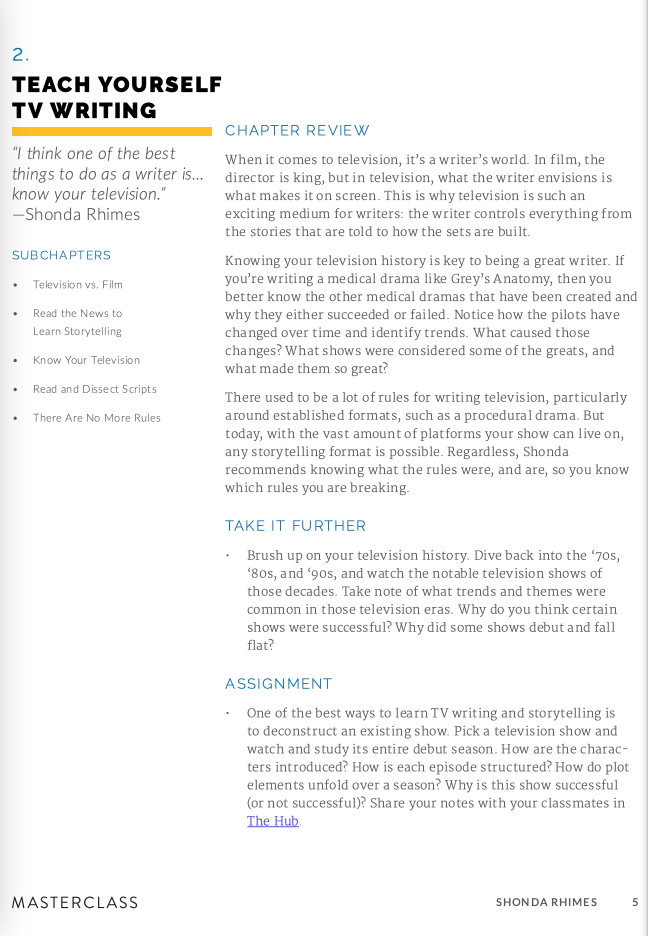 Shonda Rhimes MasterClass workbook showing how to teach yourself TV writing