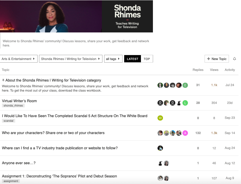 Screenshot of the Shonda Rhimes MasterClass Hub