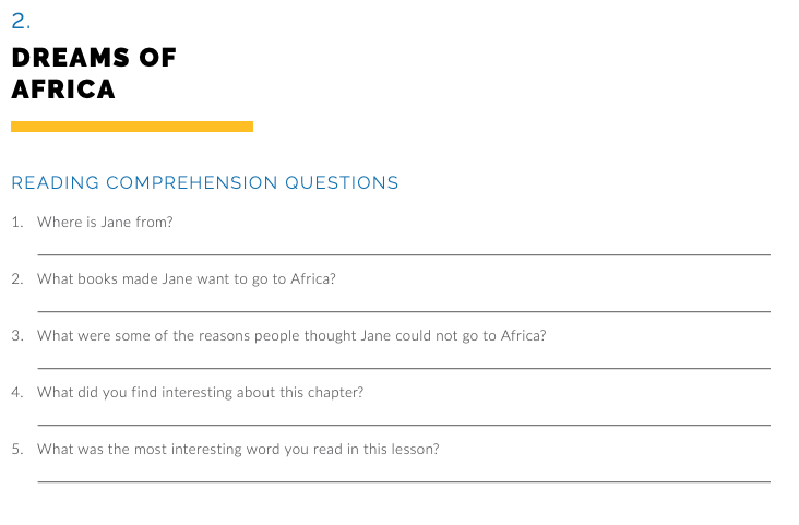  Image of a quiz from the Jane Goodall family workbook