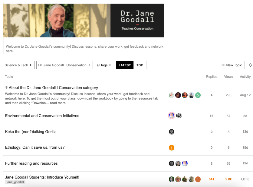 Screenshot of the Jane Goodall MasterClass Hub