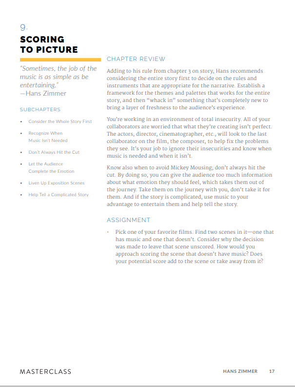 Screenshot of Hans Zimmer MasterClass workbook