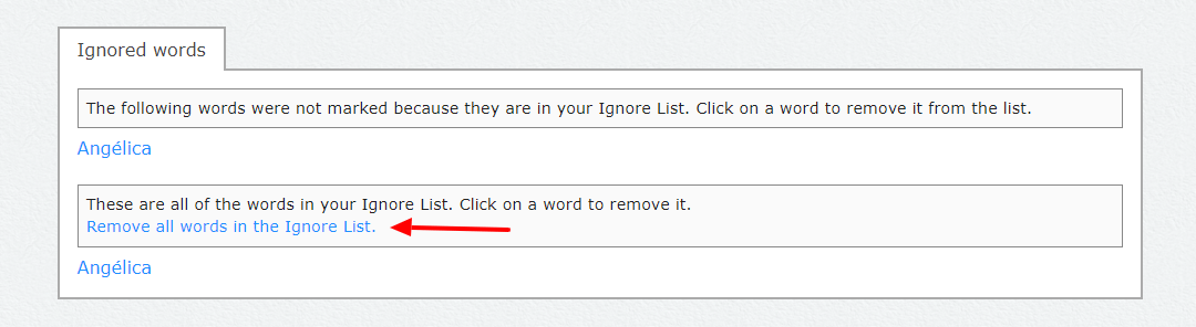 FrenchCorrector 'remove all words in the ignore list' button