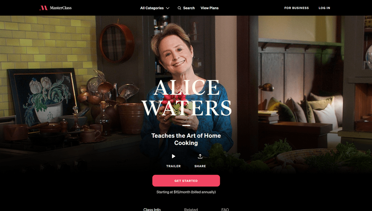 The landing page of Alice Waters' MasterClass