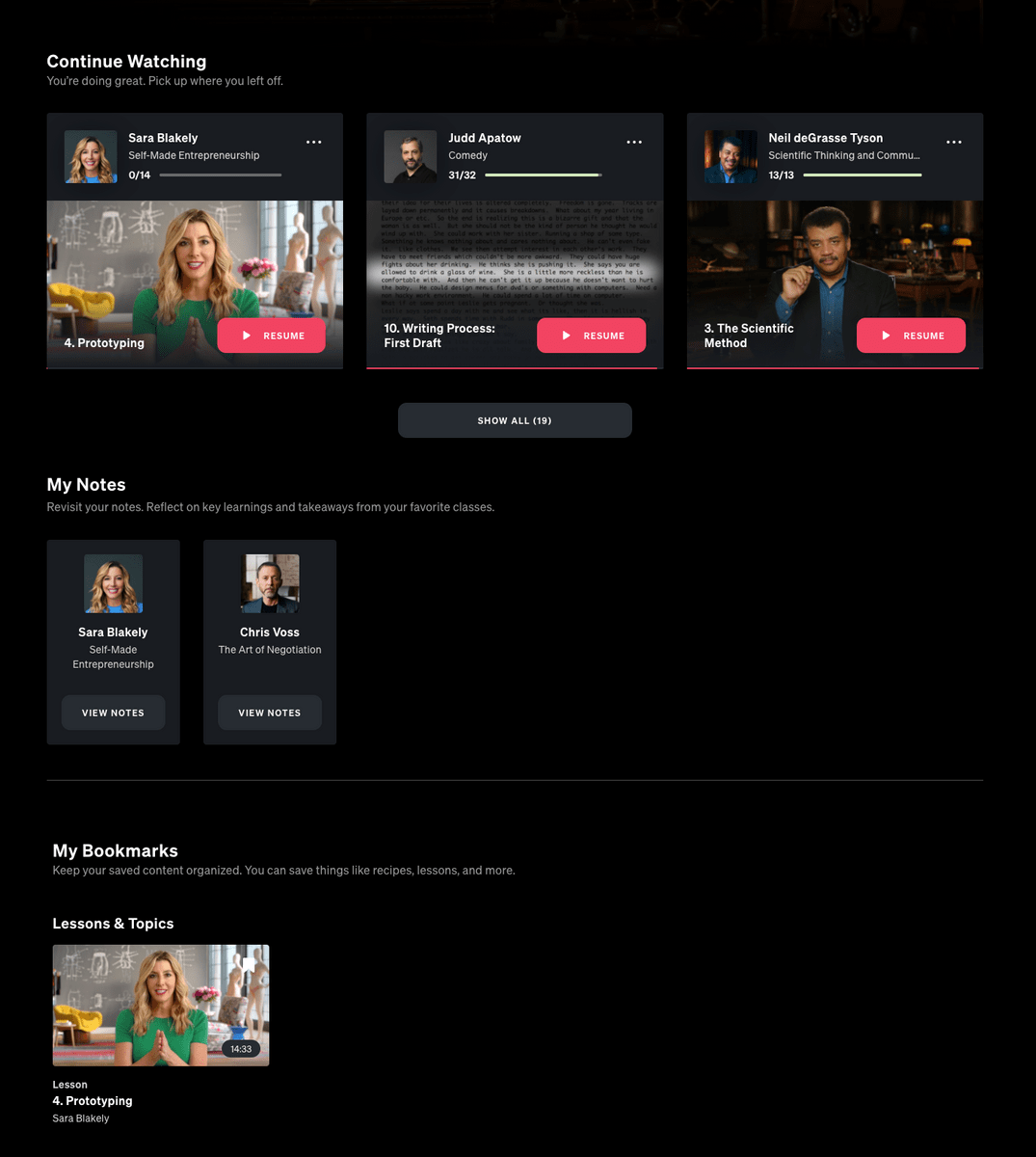 how does masterclass work my progress screen note taking bookmark lessons