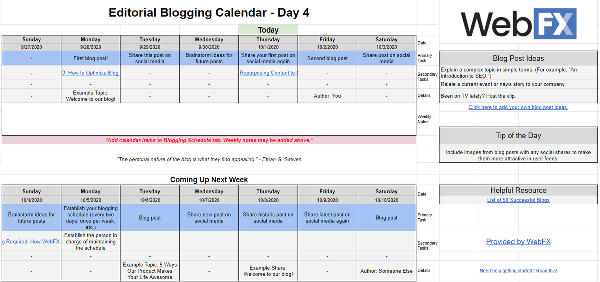 WebFX blogging calendar template