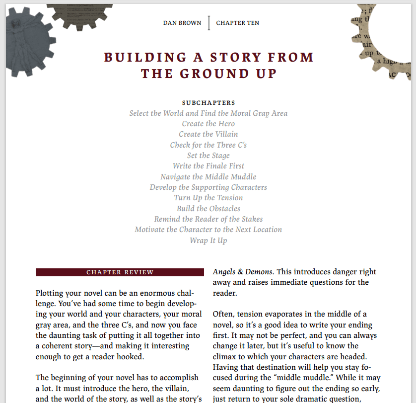 dan brown masterclass workbook open to chapter 10: building a story from the ground up