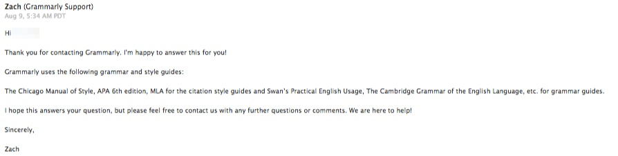 Grammarly support email response