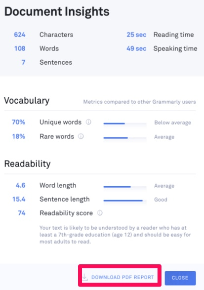 Grammarly document insights example