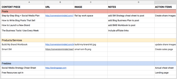 content mix plan on a spreadsheet