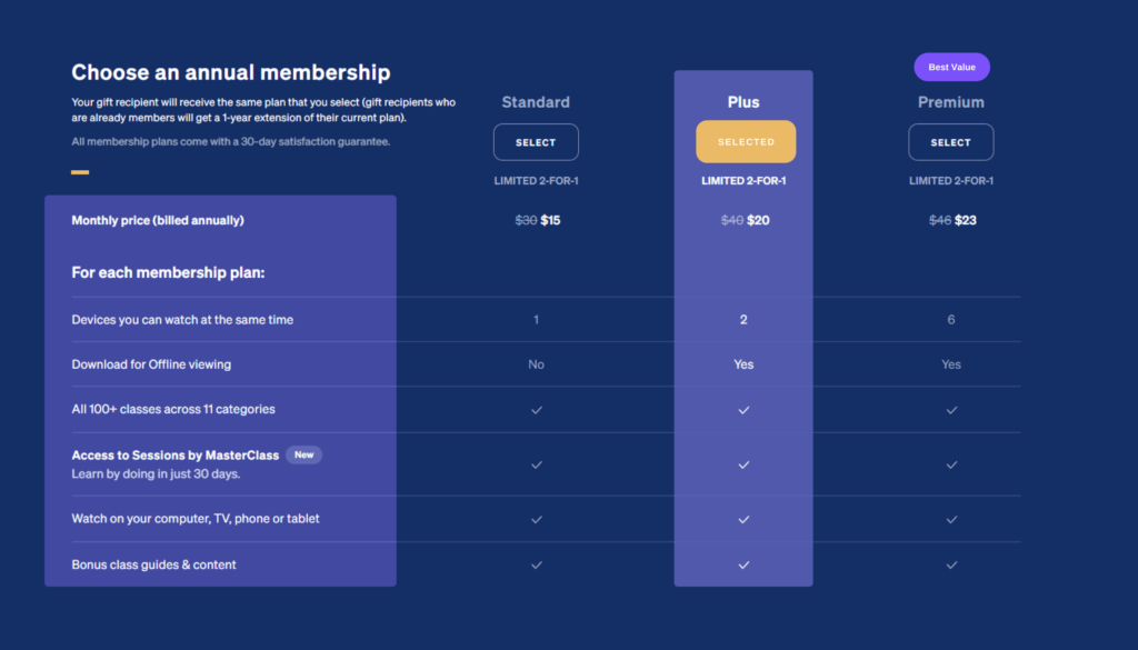 A breakdown of the MasterClass pricing page