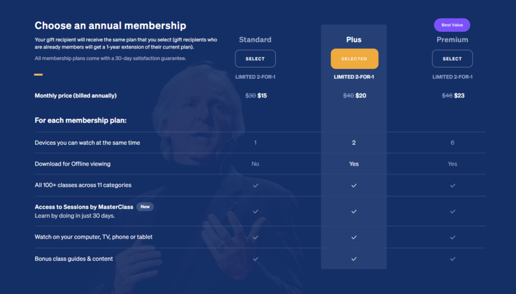 The subscription plans for MasterClass 