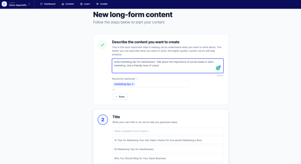 new long form content steps jarvis