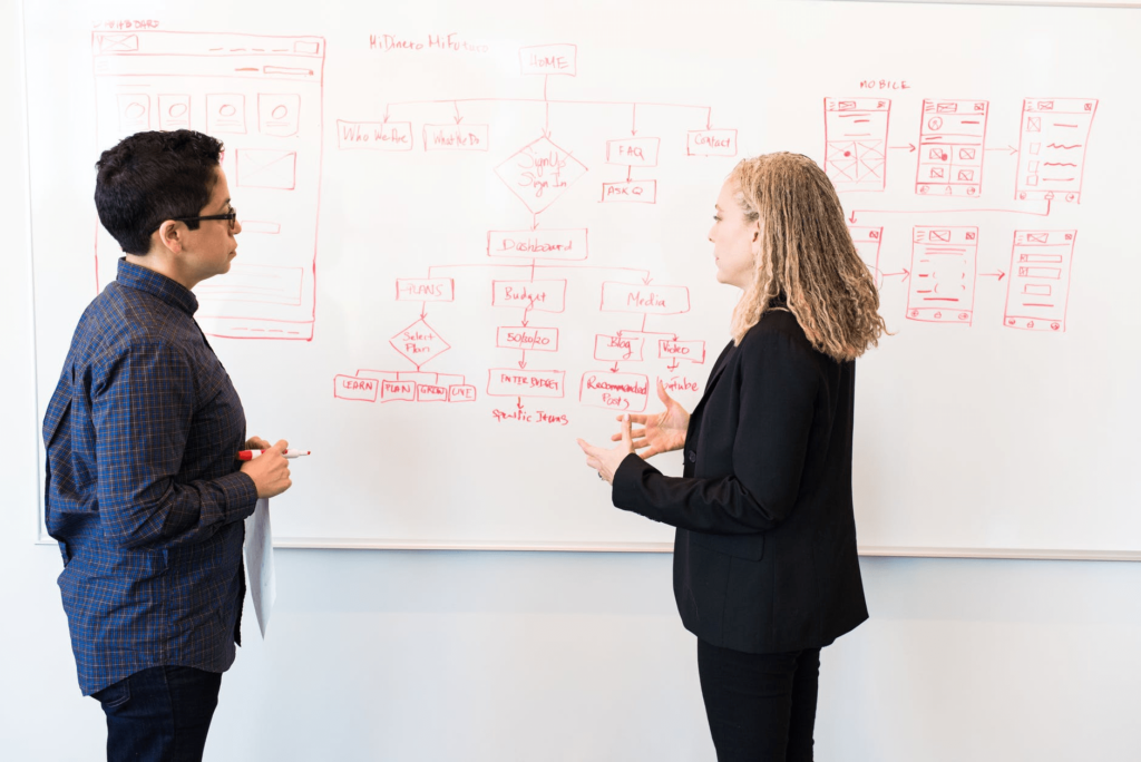 two people discussing in front of a white board