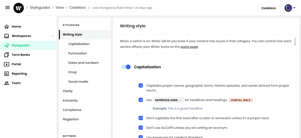 writer writing style settings