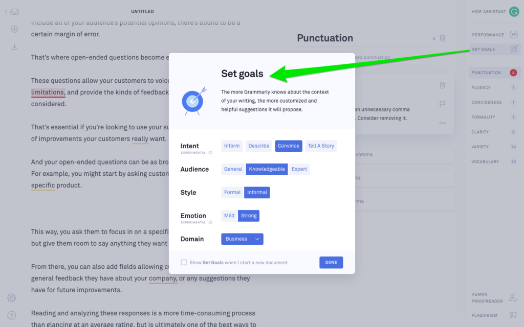 grammarly writing goal settings
