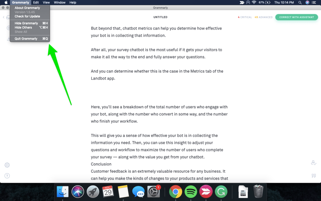 grammarly mac menu dropdown