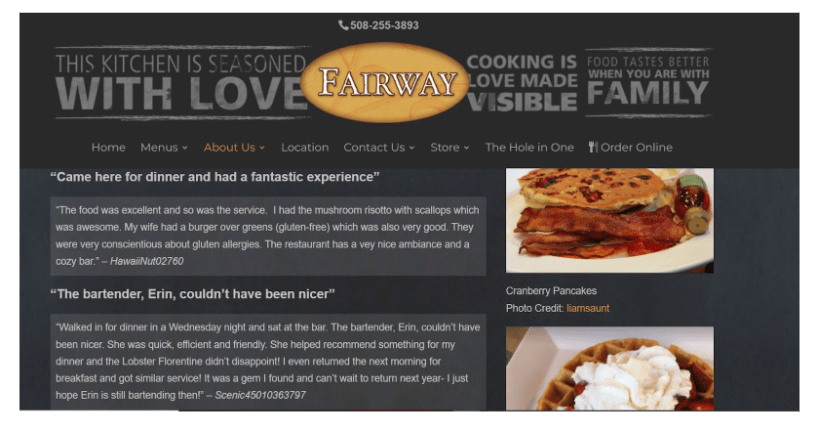 reviews left by customers on Fairway restaurant website