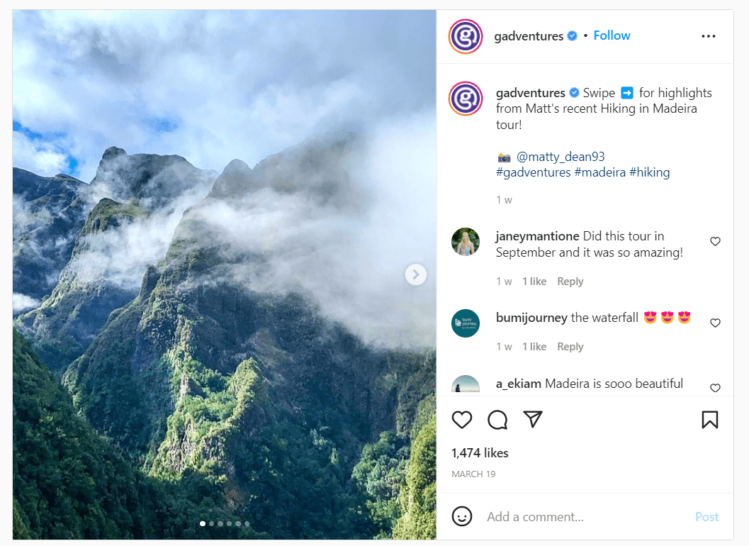 travel company gadventures reposting a photo created by one of its customers