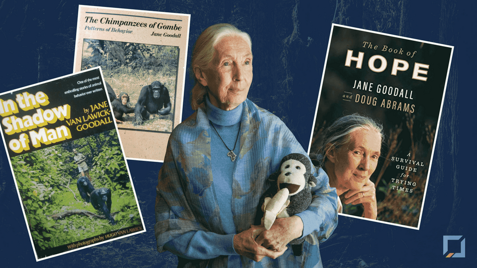 Image of Jane Goodall surrounded by some of her most notable works