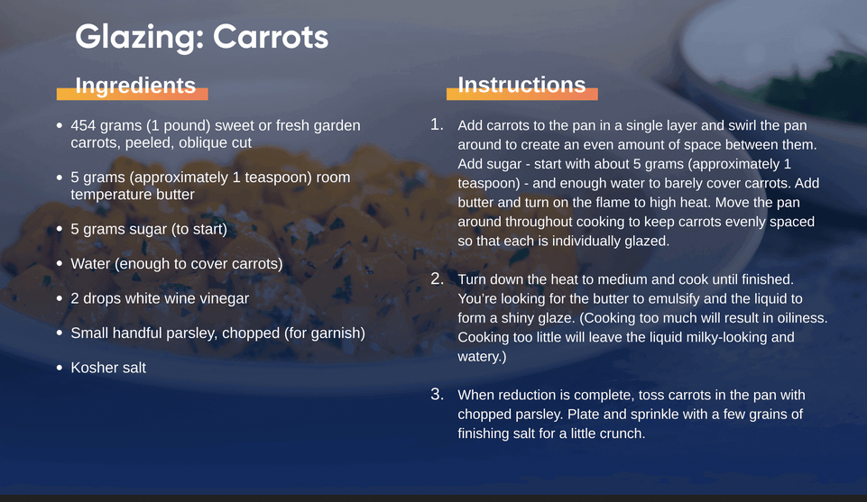 Image of ingredients and instructions from the Glazing Carrots class