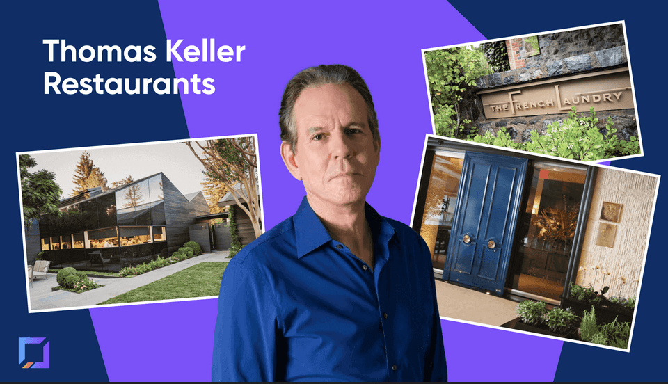 Image of Thomas Keller alongside his restaurants, The French Laundry and Per Se