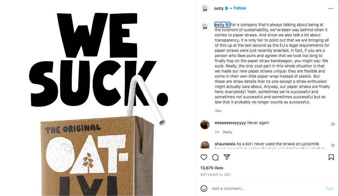 screenshot of oatly instagram post