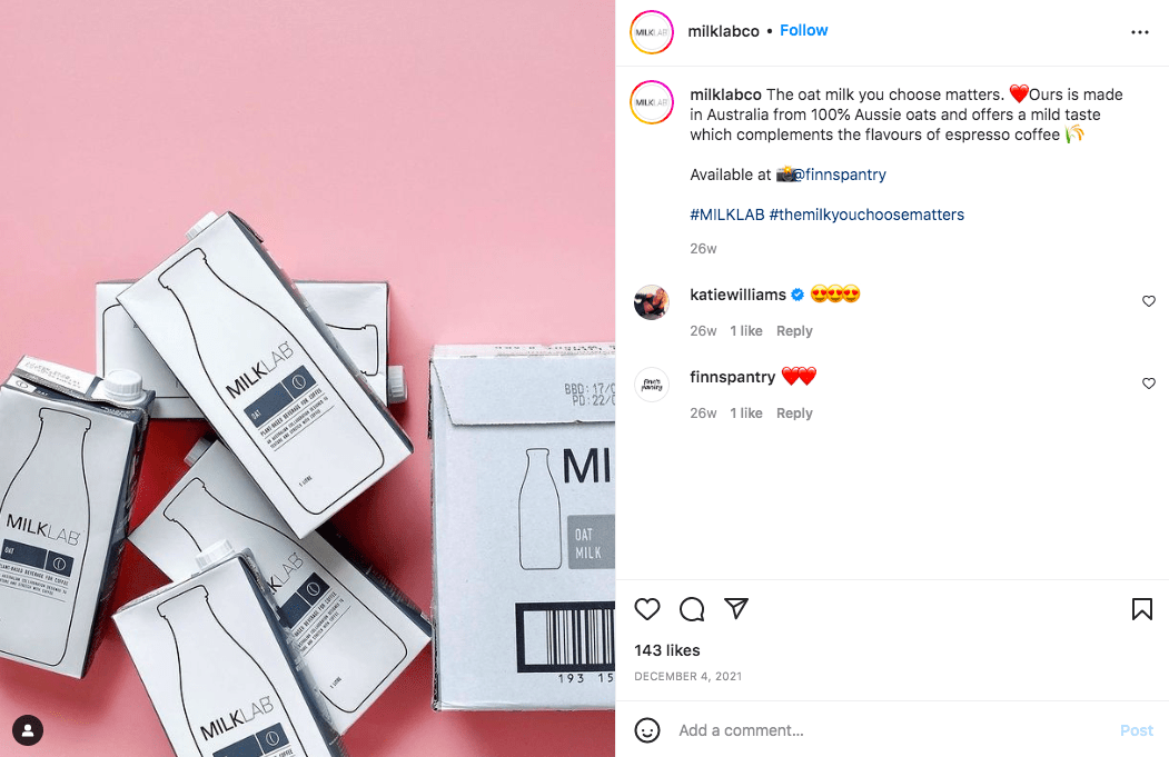 screenshot of milk lab instagram post