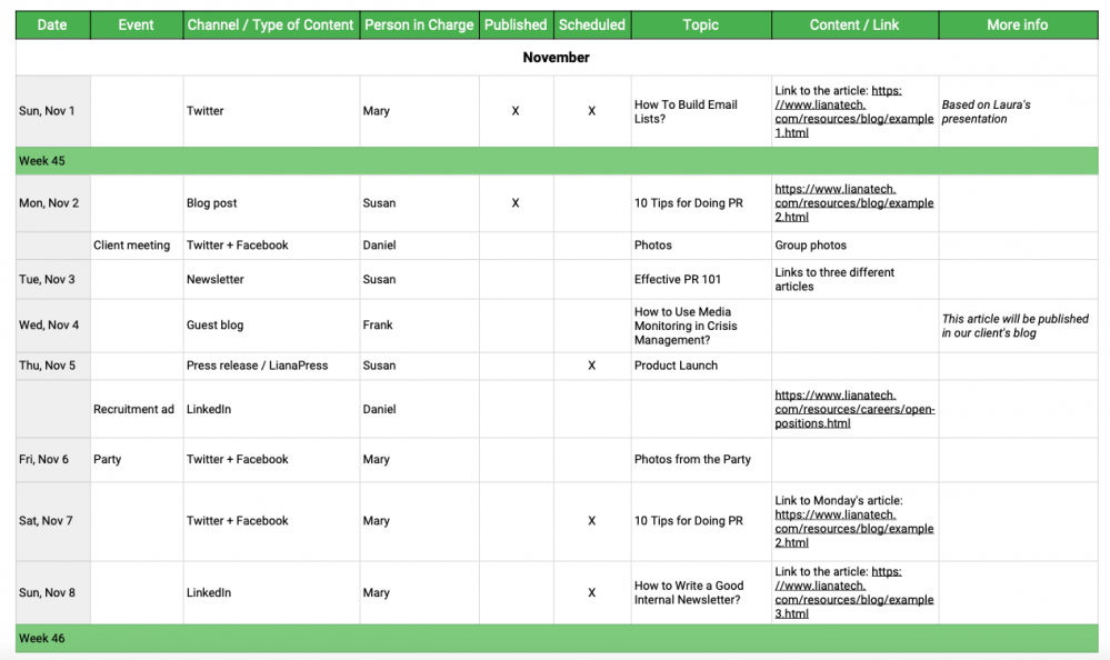 mock content calendar 